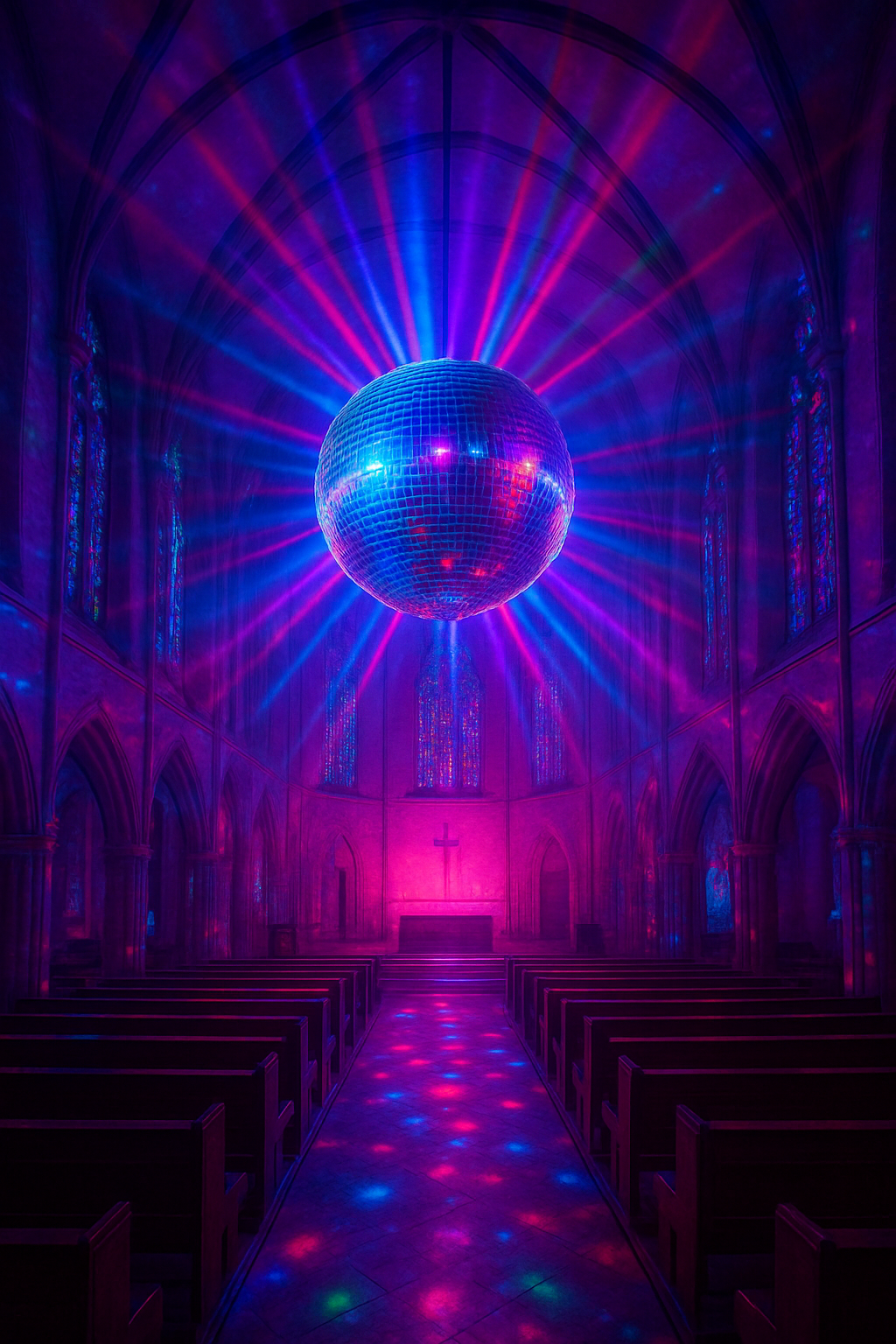 Die Grafik (erzeugt mit KI-Unterstützung) zeigt eine Discokugel, die einen Kirchenraum beleuchtet. Die Grafik (erzeugt mit KI-Unterstützung) zeigt eine Discokugel, die einen Kirchenraum beleuchtet.